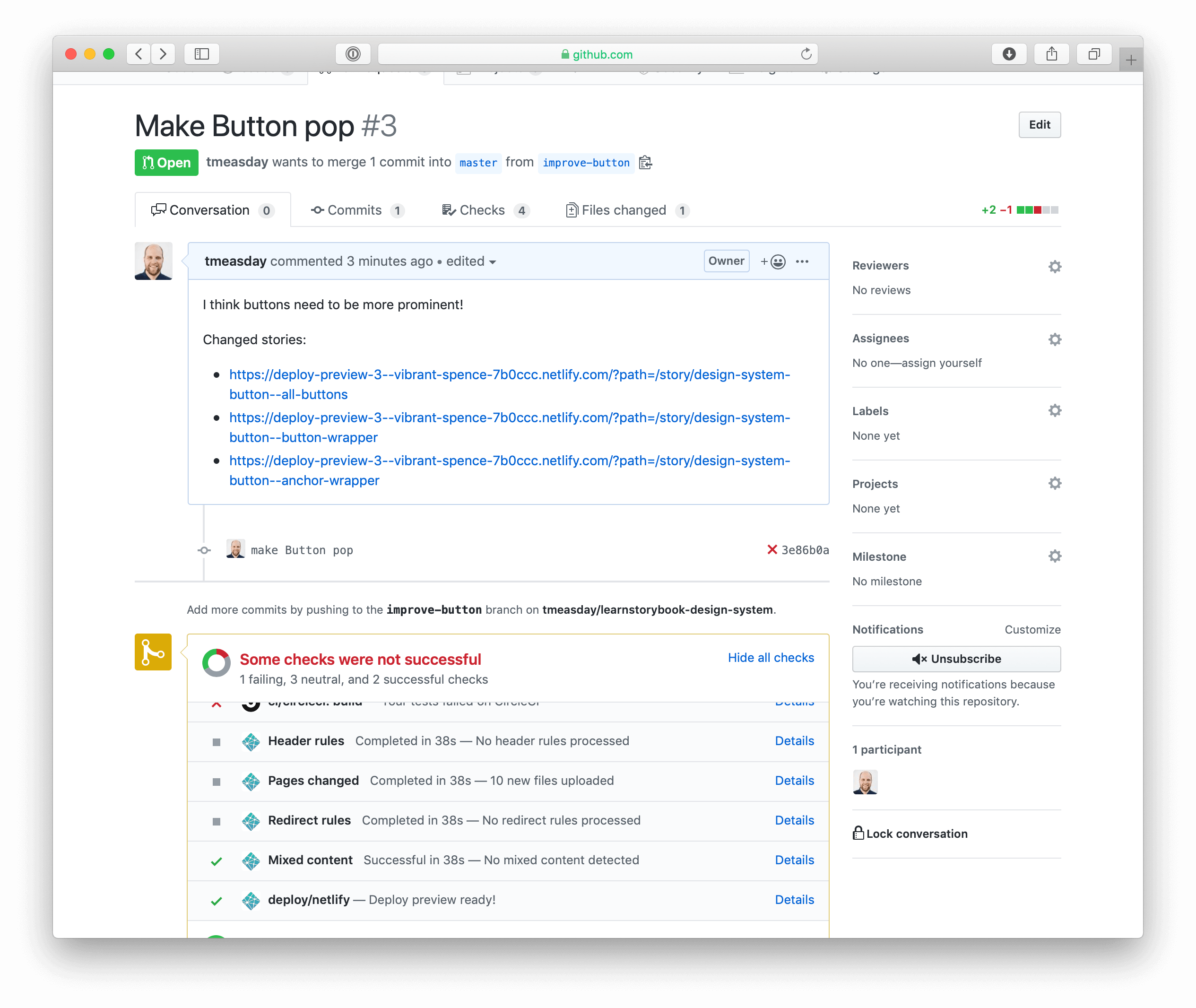 PR do GitHub com links para o storybook